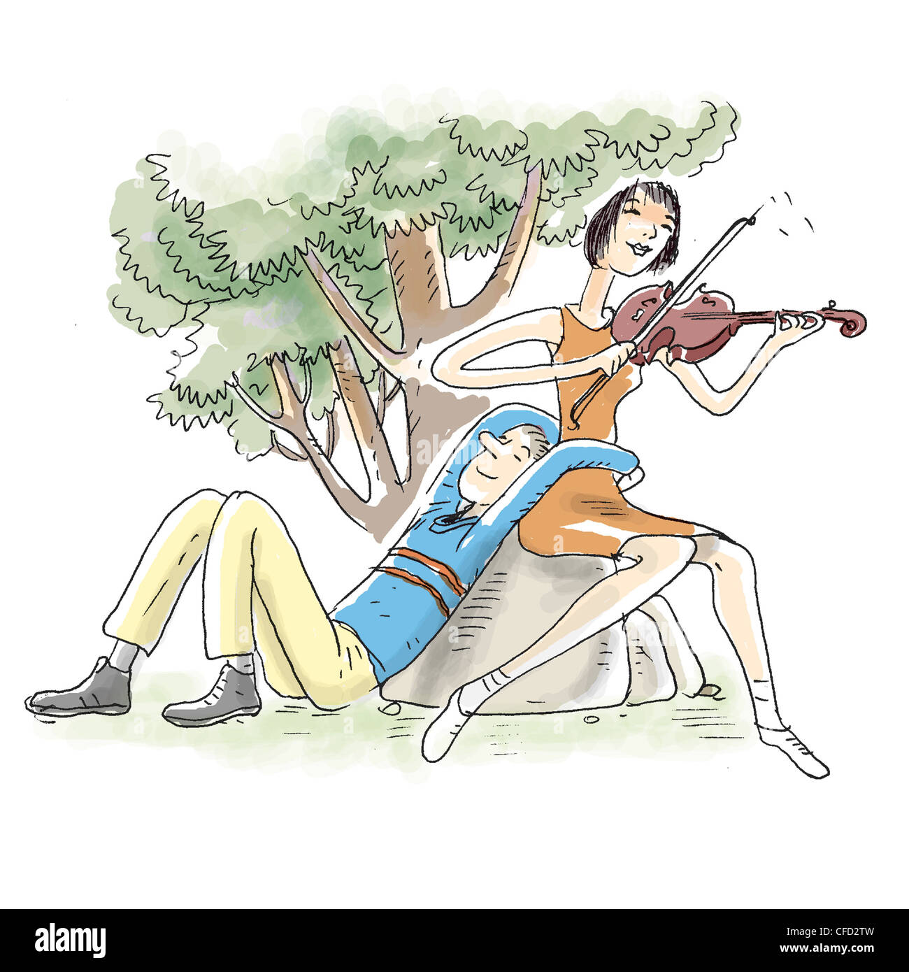 La donna si suona il violino per il suo amante Foto Stock