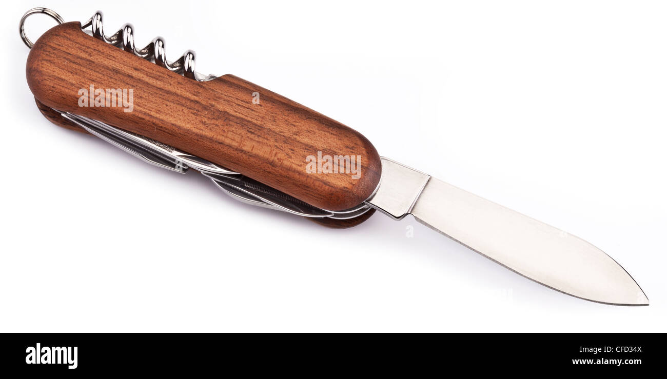 Multifunzione coltello in legno isolato su sfondo bianco Foto Stock