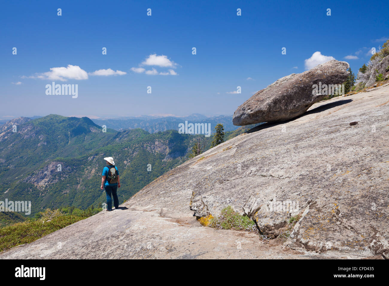 Escursionista turistica, a Hanging Rock, Tulare County, Sequoia National Park, Sierra Nevada, in California, Stati Uniti d'America Foto Stock