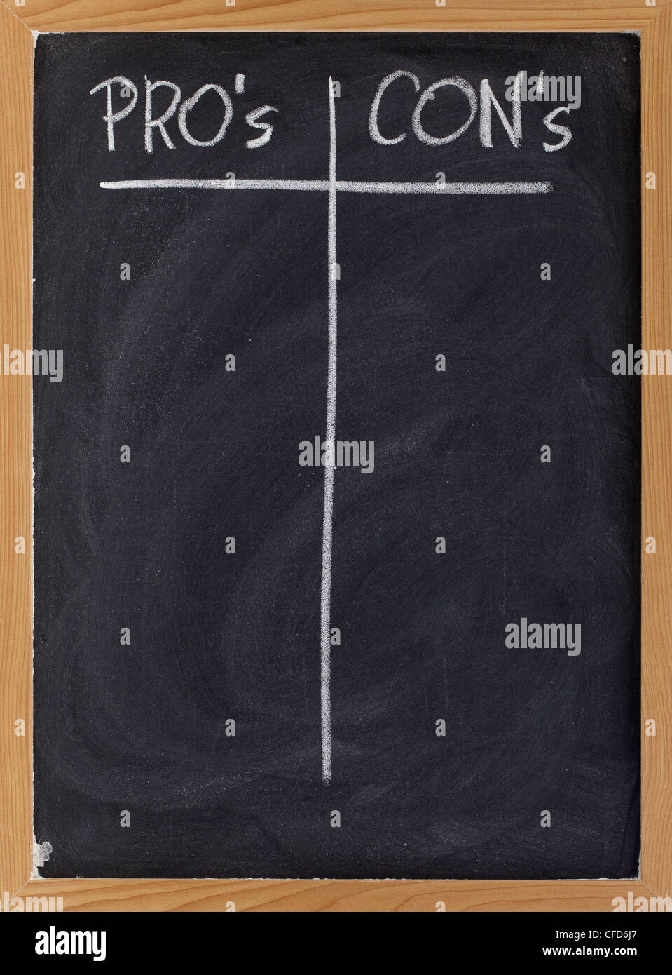 Vantaggi e svantaggi, elenco vuoto di pro e con argomentazioni - bianco gesso calligrafia su una lavagna Foto Stock Vantaggi e svantaggi, elenco vuoto di pro e con argomentazioni - bianco gesso calligrafia su una lavagna Foto Stock