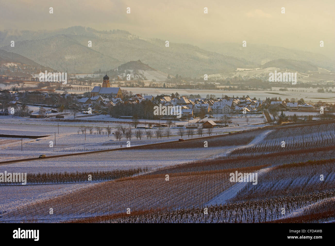 Vista dalla Batzenberg su vigneti a Kirchhofen e Staufen castle, inverno, neve, Breisgau, Markgraflerland, parte meridionale Foto Stock