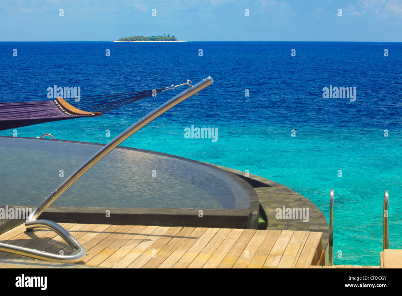 Vista da watervilla, Maldive, Oceano Indiano, Asia Foto Stock