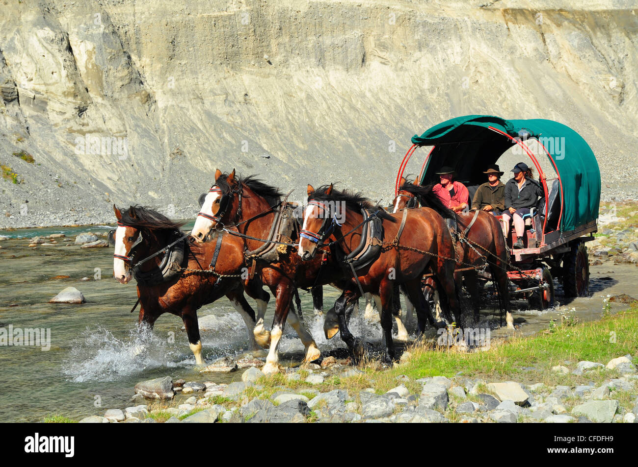 Uomini a cavallo e carro, Ahuriri River, Isola del Sud, Nuova Zelanda Foto Stock