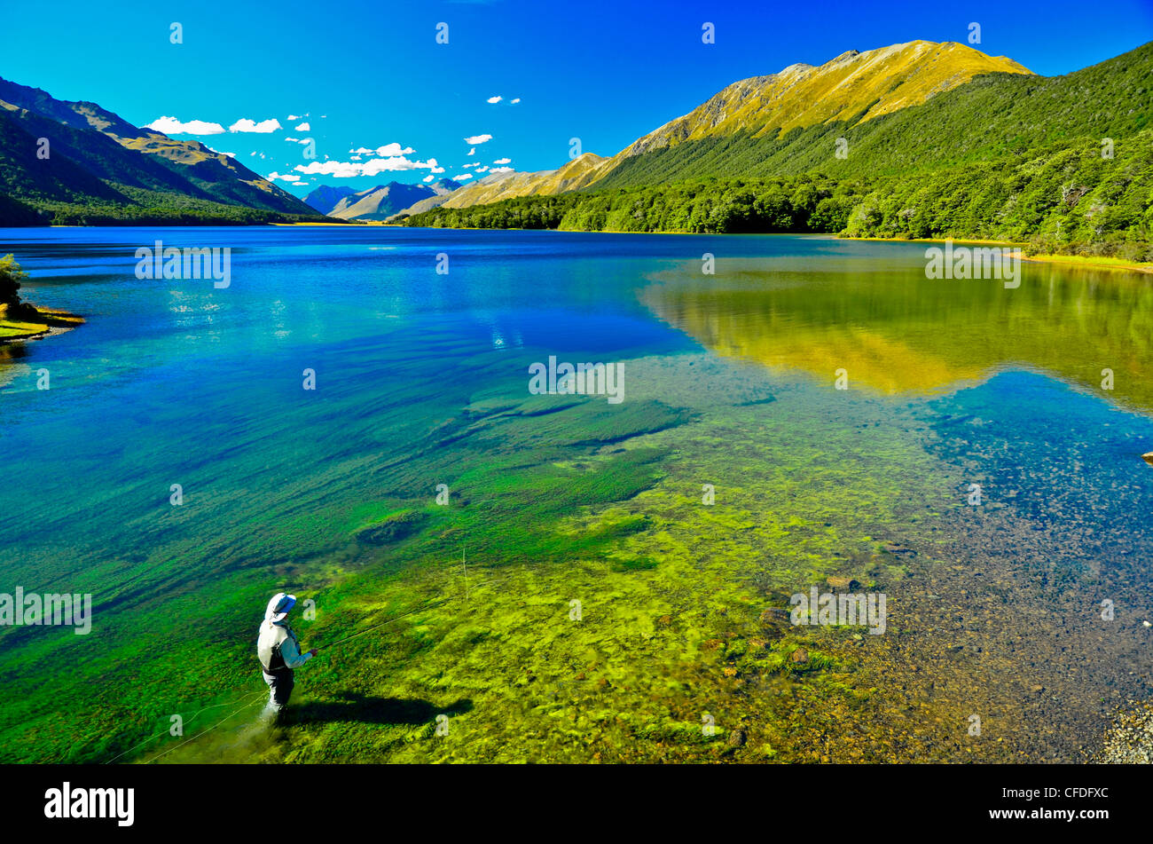 Uomo di Pesca a Mosca Report di Pesca, Mavora Lago, Isola del Sud, Nuova Zelanda Foto Stock