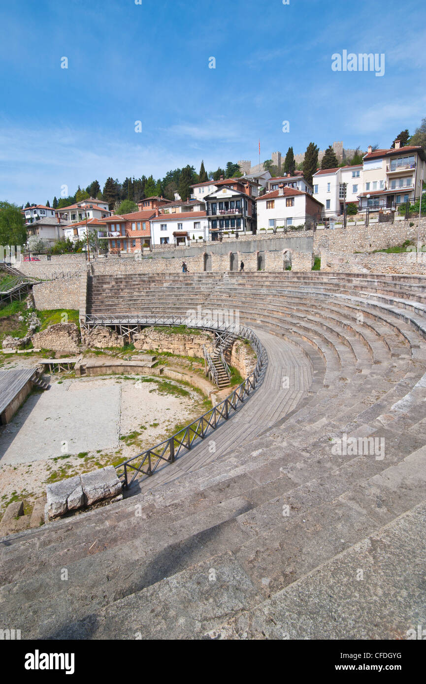 Anfiteatro a Ohrid presso il lago di Ohrid, Sito Patrimonio Mondiale dell'UNESCO, Macedonia, Europa Foto Stock