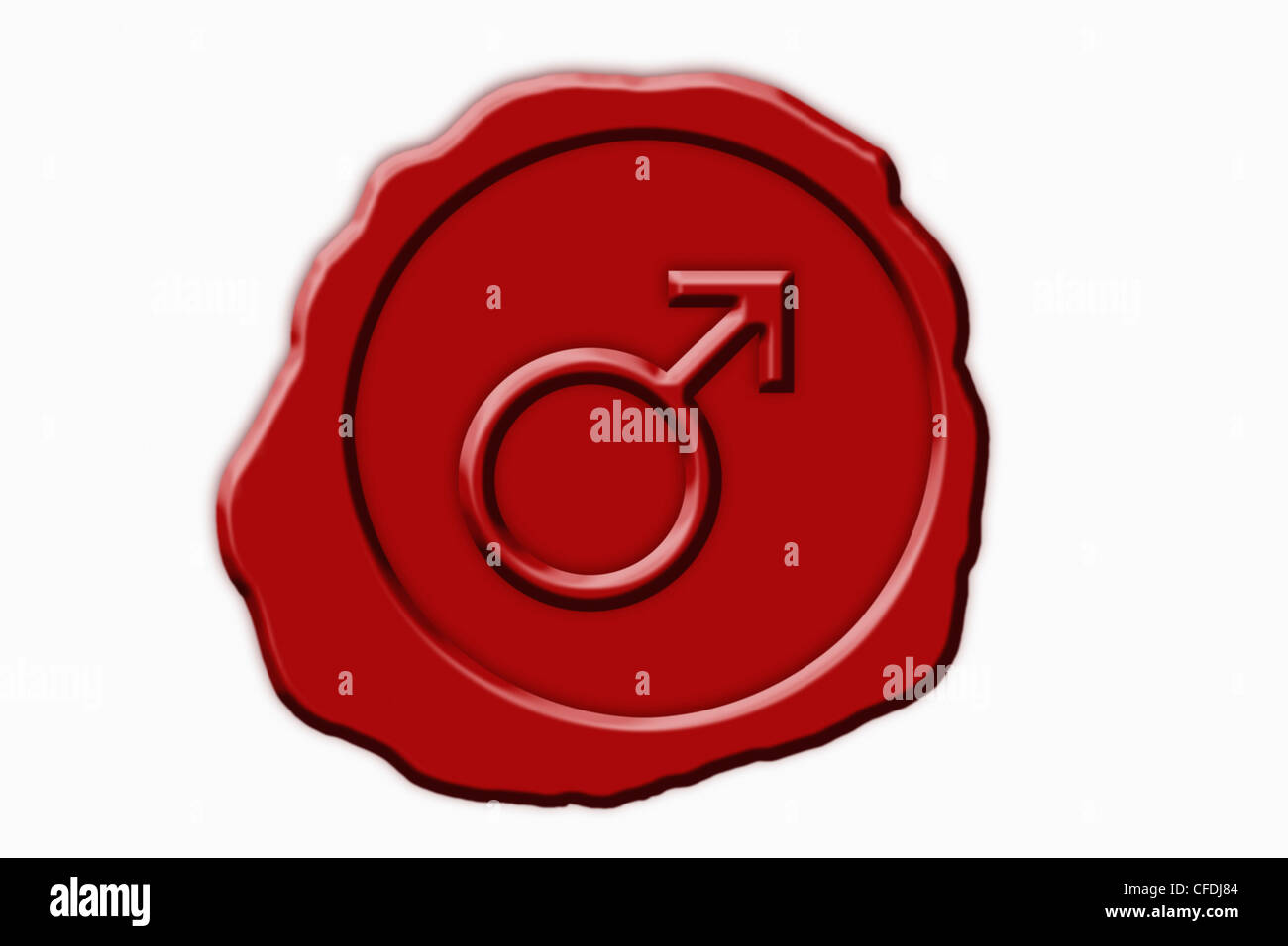 Dettaglio foto di un sigillo rosso con un simbolo maschile nel mezzo Foto Stock