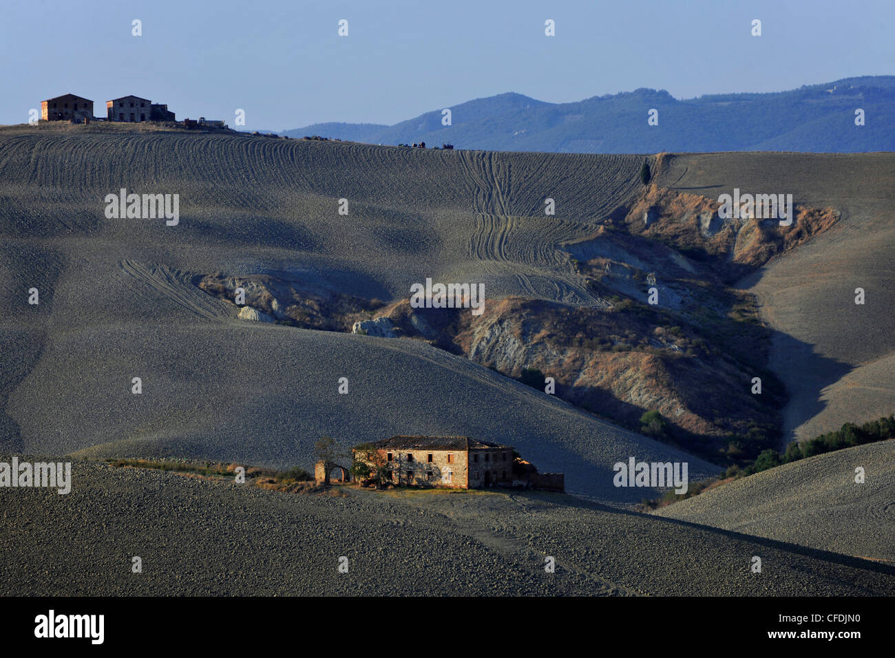 Homestead nel paesaggio collinare, Creta, Toscana, Italia, Europa Foto Stock