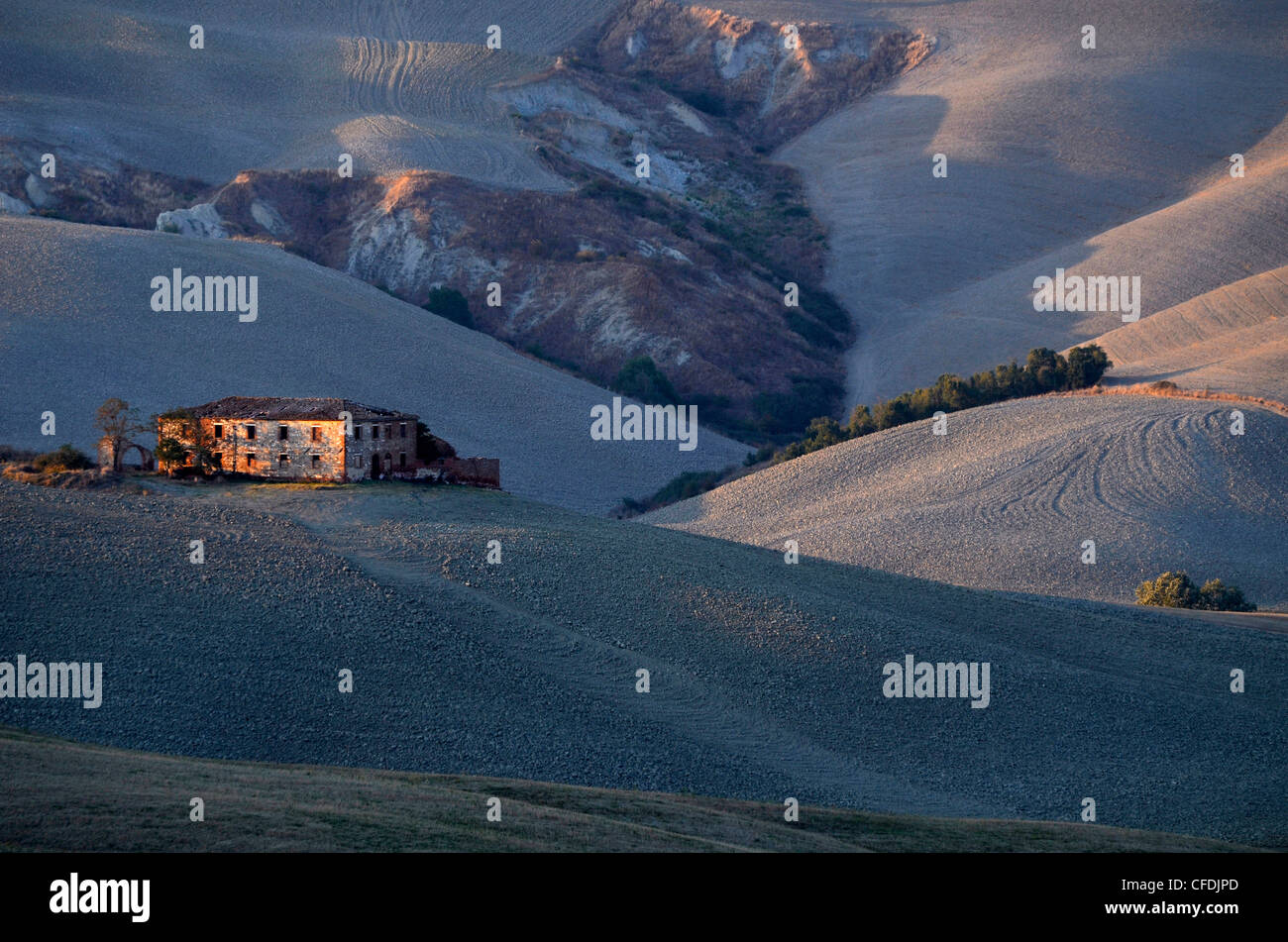 Homestead nel paesaggio collinare, Creta, Toscana, Italia, Europa Foto Stock