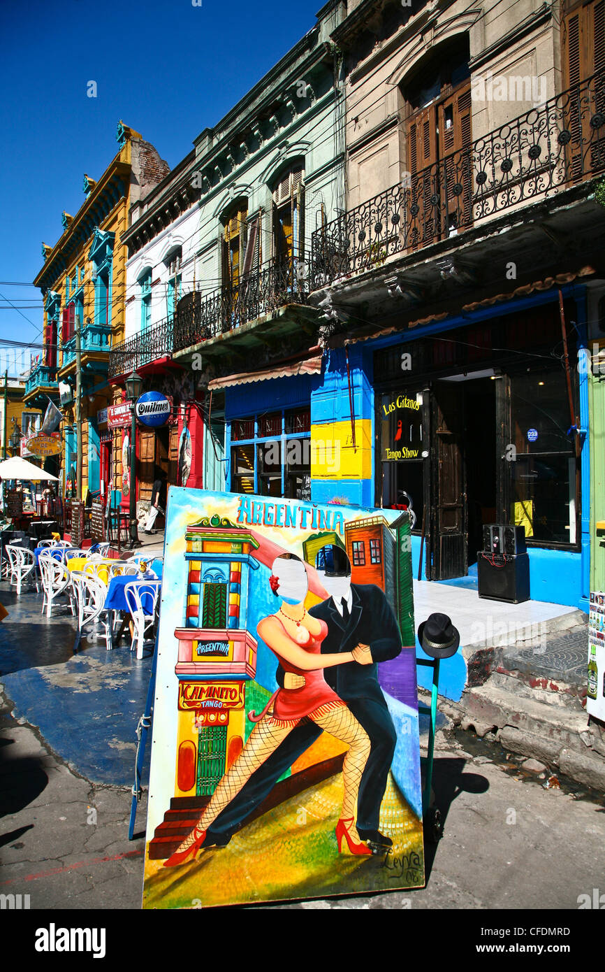 Scene La Boca un quartiere o barrio della capitale Argentina a Buenos Aires; sfondo per photogarphy turistica Foto Stock
