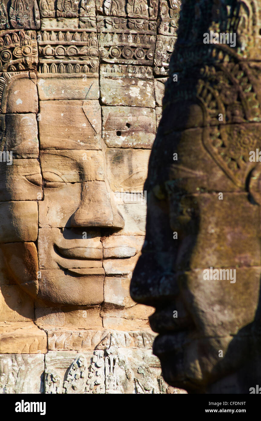 Dettaglio della scultura, tempio Bayon, risalente al XIII secolo, Angkor, Sito Patrimonio Mondiale dell'UNESCO, Siem Reap, Cambogia Foto Stock