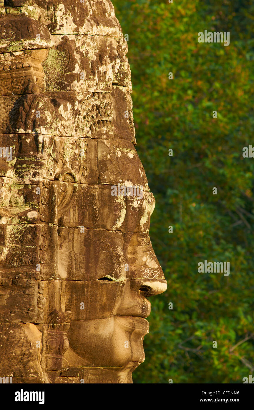 Close-up di scultura, tempio Bayon, risalente al XIII secolo, Angkor, Sito Patrimonio Mondiale dell'UNESCO, Siem Reap, Cambogia Foto Stock