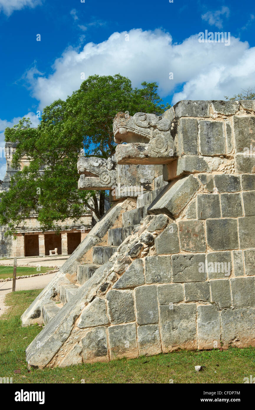 La testa del serpente in antiche rovine Maya, Chichen Itza, Sito Patrimonio Mondiale dell'UNESCO, Yucatan, Messico Foto Stock