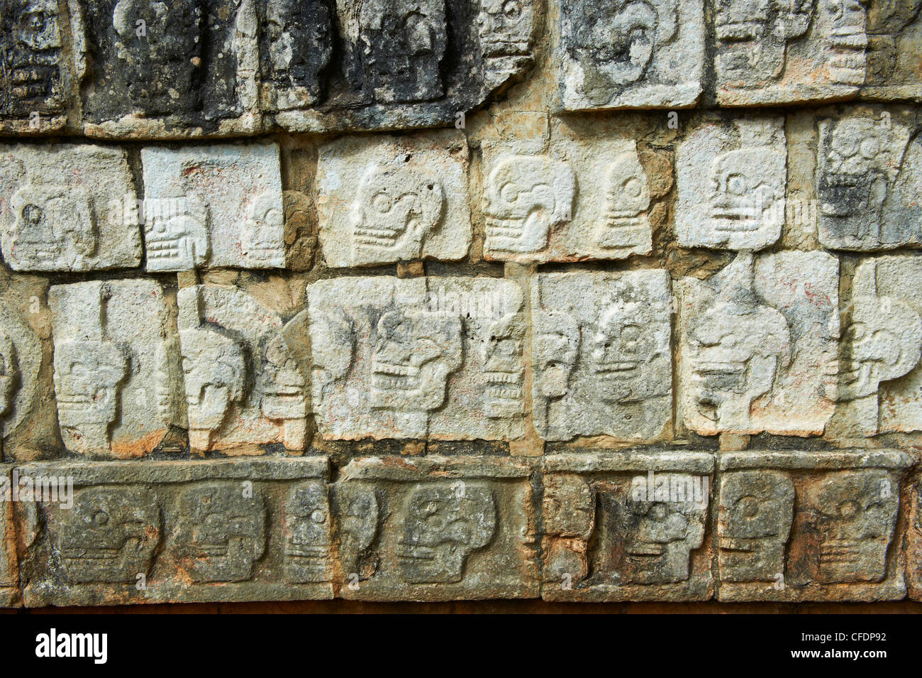 Dettaglio della pietra a rilievo di teschi, antiche rovine Maya, Chichten Itza, Sito Patrimonio Mondiale dell'UNESCO, Yucatan, Messico Foto Stock