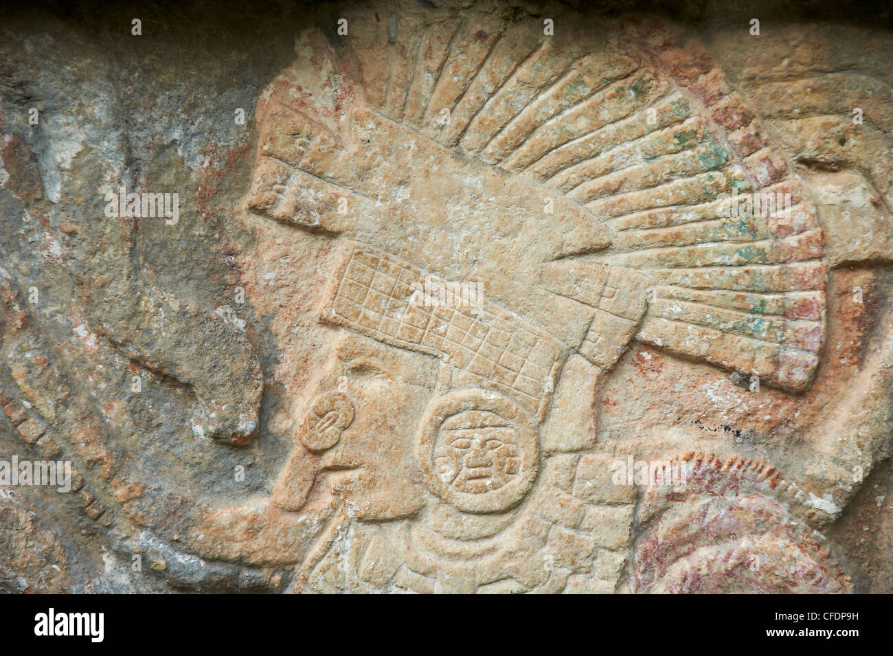 Dettaglio della pietra a rilievo, antiche rovine Maya, Chichten Itza, Sito Patrimonio Mondiale dell'UNESCO, Yucatan, Messico Foto Stock