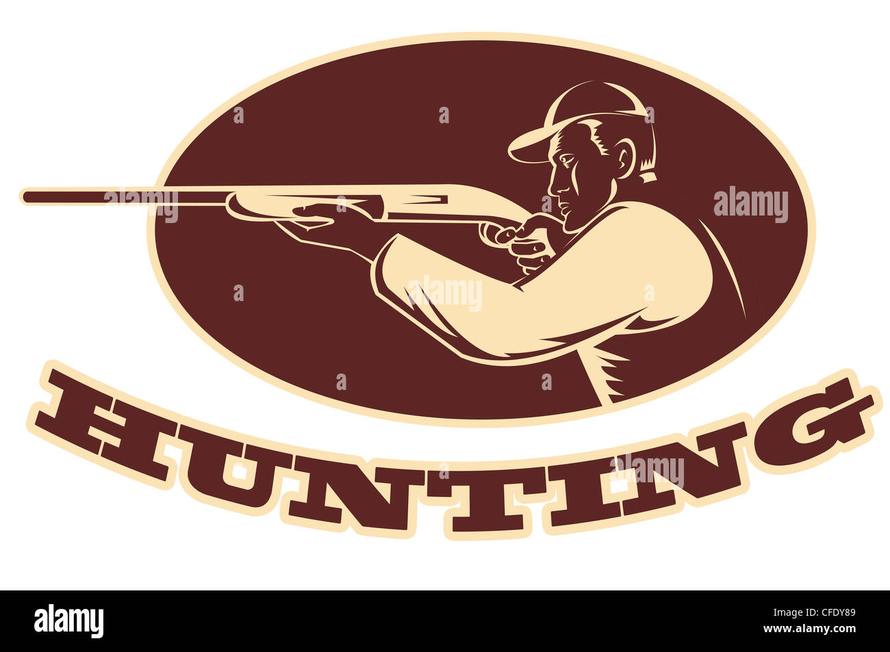 Illustrazione di un cacciatore di puntamento di tiro fucile fucile visto dal lato xilografia imposta all'interno di forma ovale Foto Stock