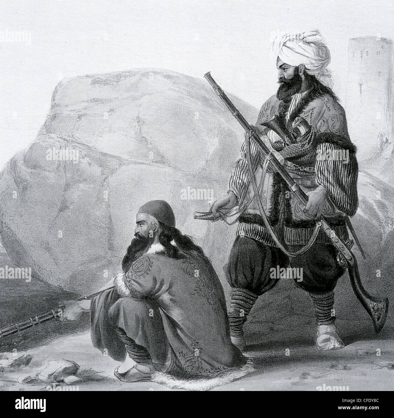 AFGHANISTAN del XIX secolo gli afgani armati con a canna lunga jezails che andavano fuori presto moschetti europea Foto Stock