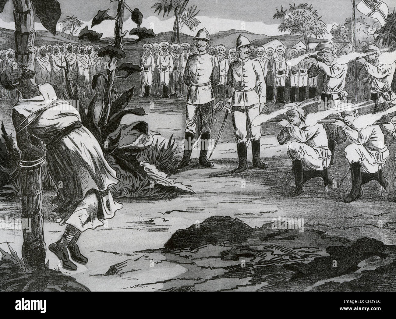 Il TEDESCO IN AFRICA ORIENTALE tedesco marines eseguire il leader di una insurrezione locale circa 1890 Foto Stock