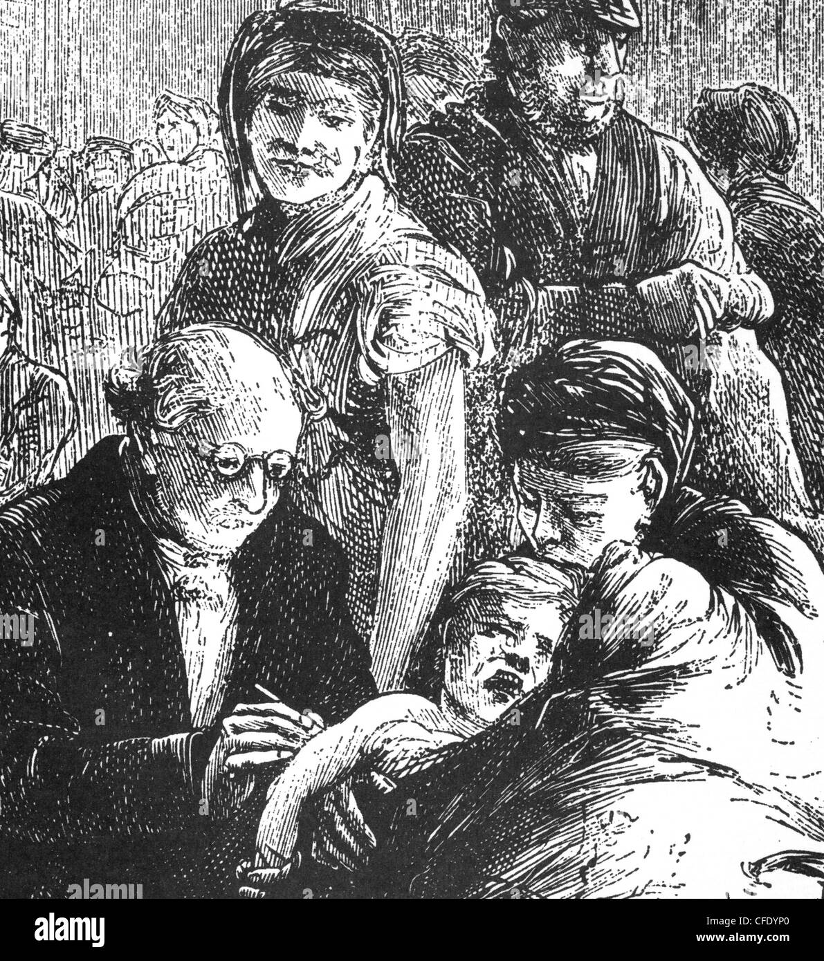 La vaccinazione di un medico vaccinati un bambino in un quartiere povero di east end di Londra nella seconda metà dell'Ottocento Foto Stock