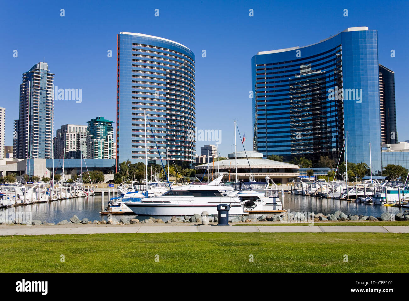 Embarcadero Marina Park e il Marriott Hotel, San Diego, California, Stati Uniti d'America, Foto Stock
