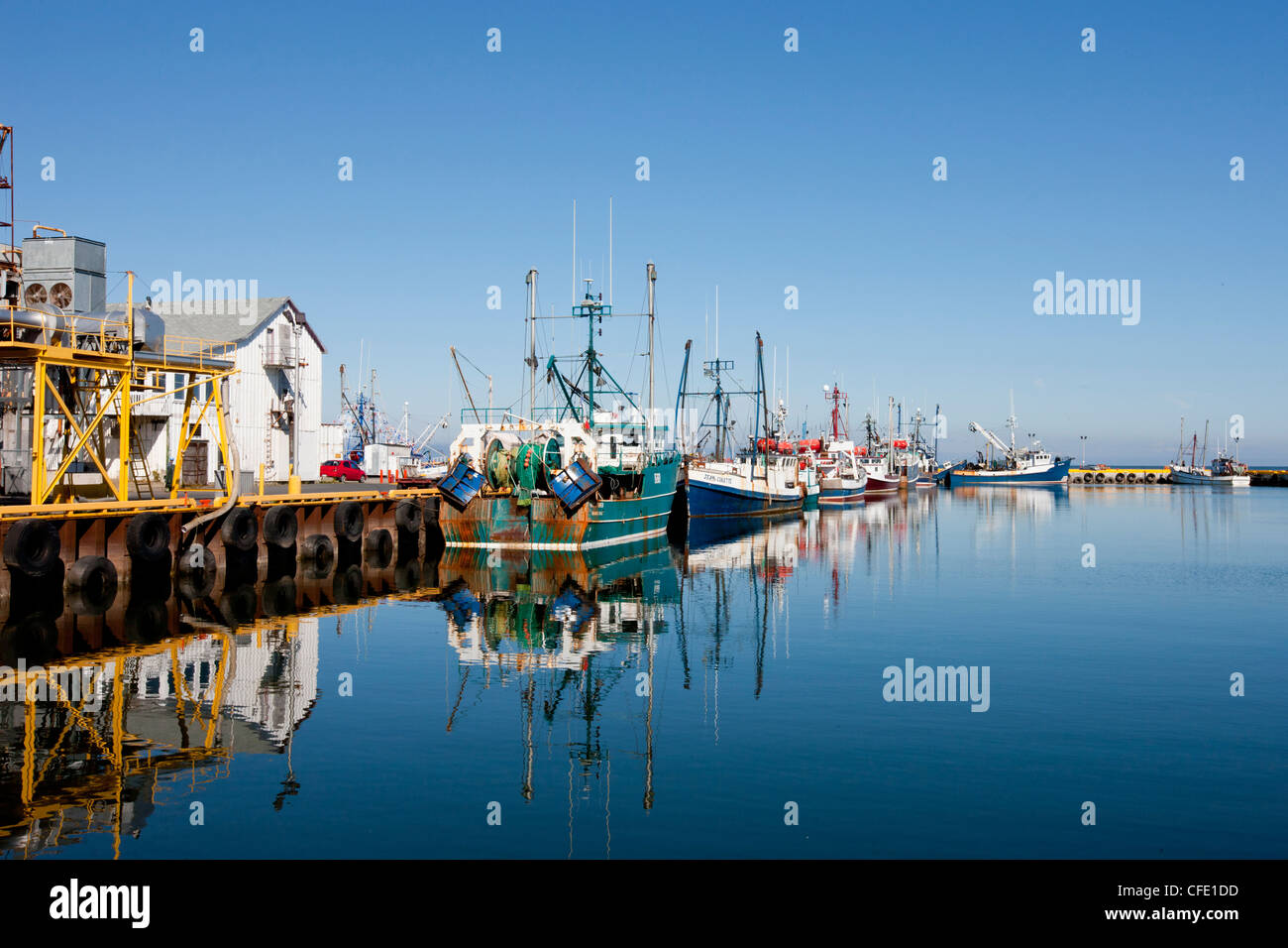 Flotta peschereccia Ormeggiata al pontile, Caraquet, New Brunswick, Canada Foto Stock