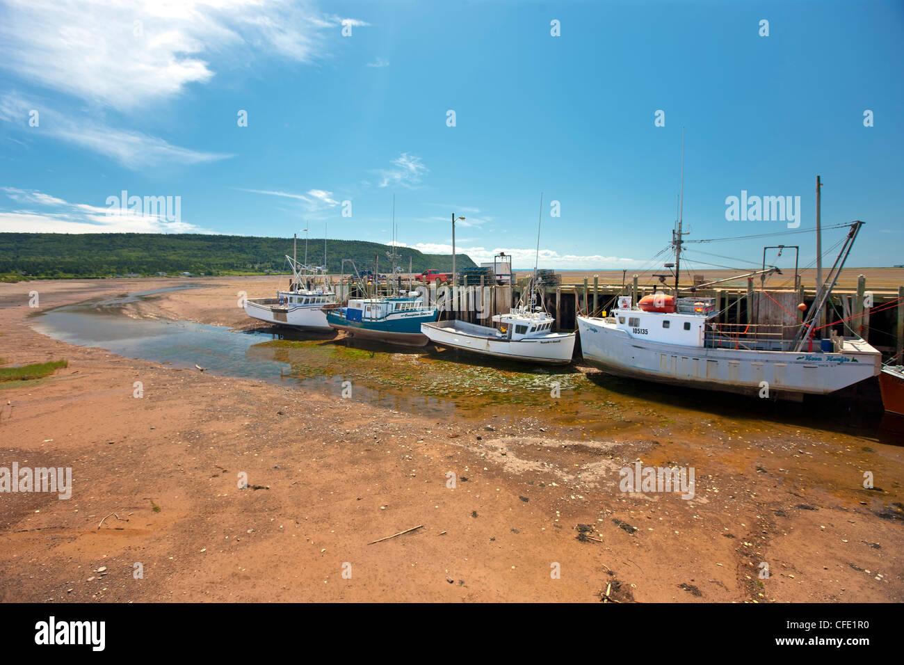 Barche da pesca a bassa marea, Avvocato Harbour e della Baia di Fundy, Nova Scotia, Canada Foto Stock