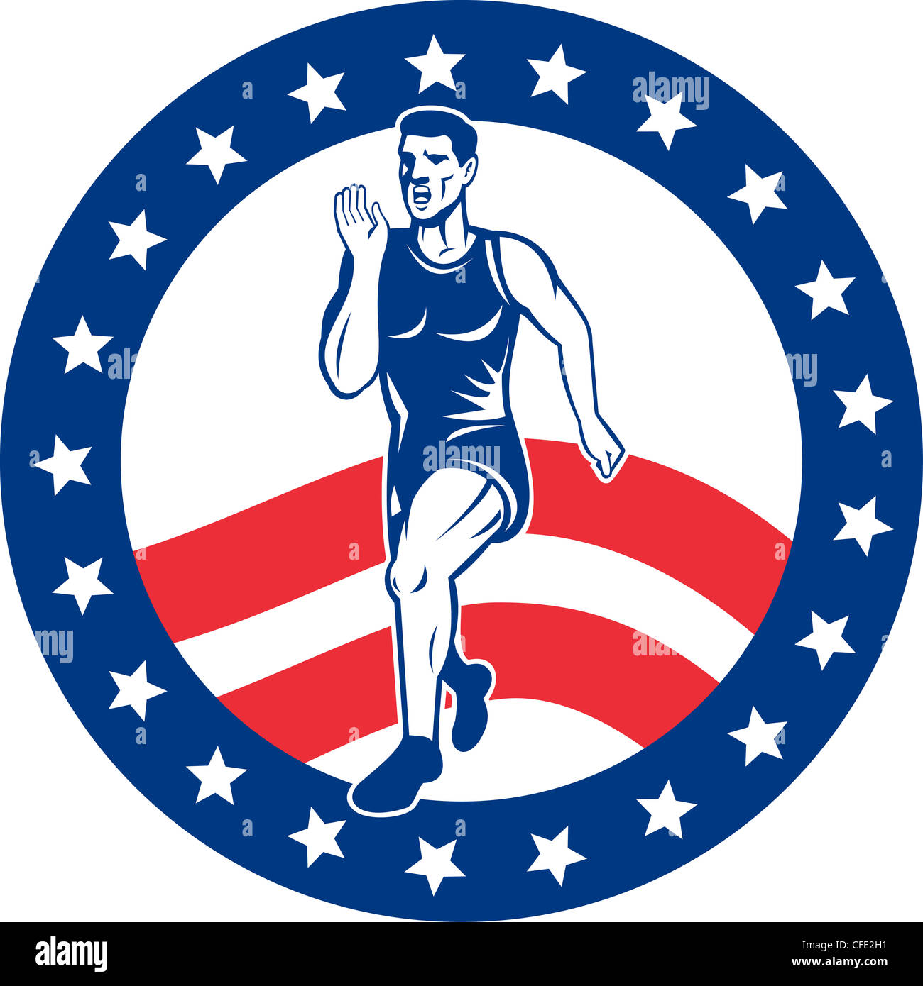 Illustrazione di una maratona road runner fitness pareggiatore di formazione in esecuzione su strada con American a stelle e strisce in background all'interno del cerchio Foto Stock