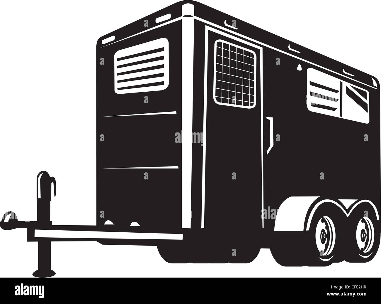 Illustrazione di un rimorchio cavallo fatto in stile retrò visto dal basso angolo isolato su sfondo bianco Foto Stock