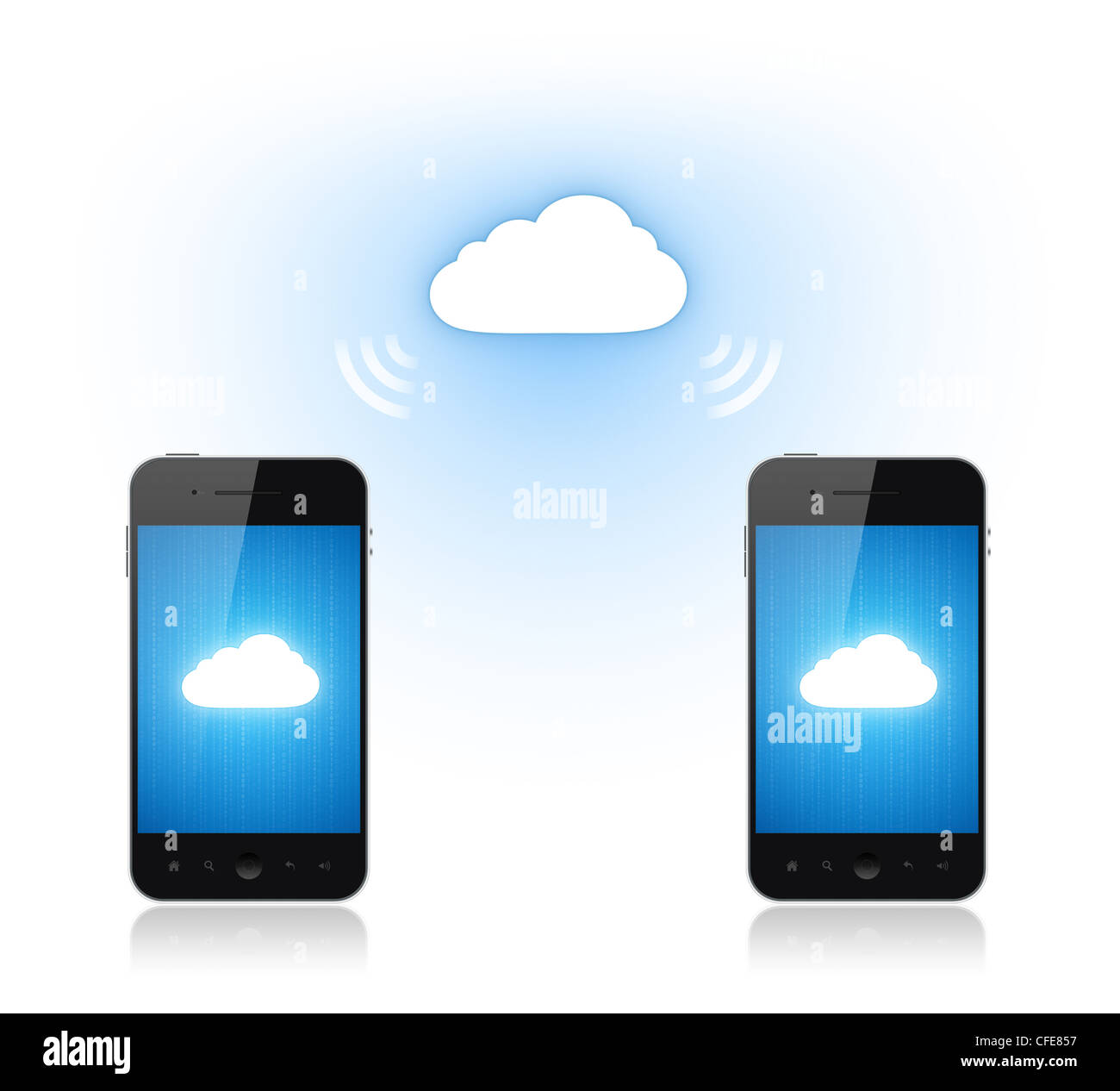 La comunicazione tra due telefono mobile attraverso il cloud computing di connessione. Illustrazione concettuale. Isolato su bianco. Foto Stock