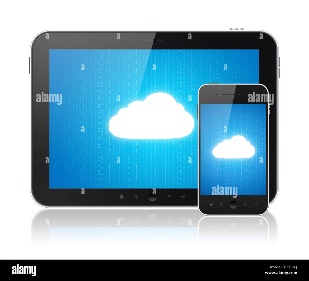 Il cloud computing di connessione digitale su tablet pc e moderne smart phone. Immagine concettuale. Isolato su bianco. Foto Stock