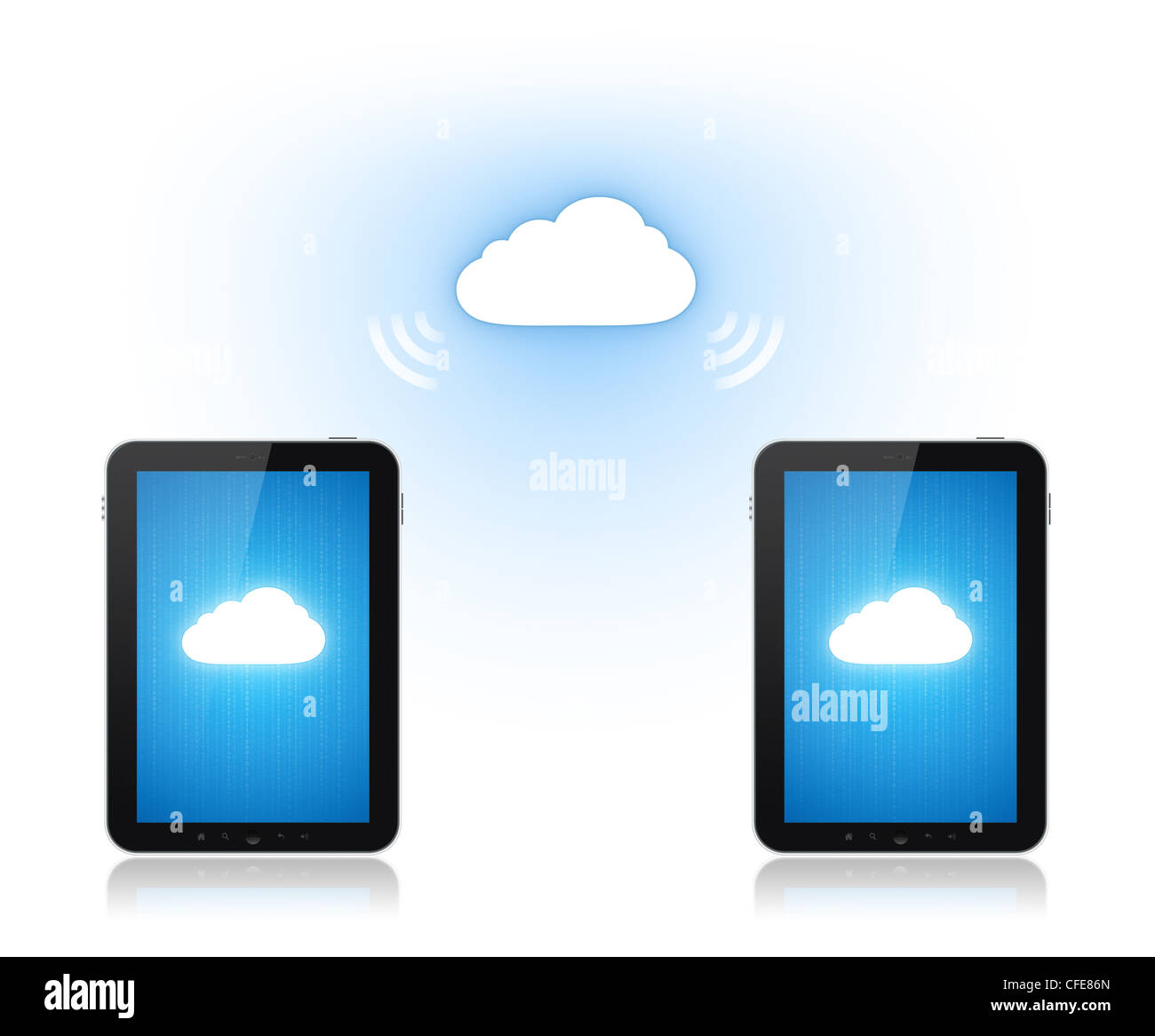 La comunicazione tra due telefono mobile attraverso il cloud computing di connessione. Illustrazione concettuale. Isolato su bianco. Foto Stock