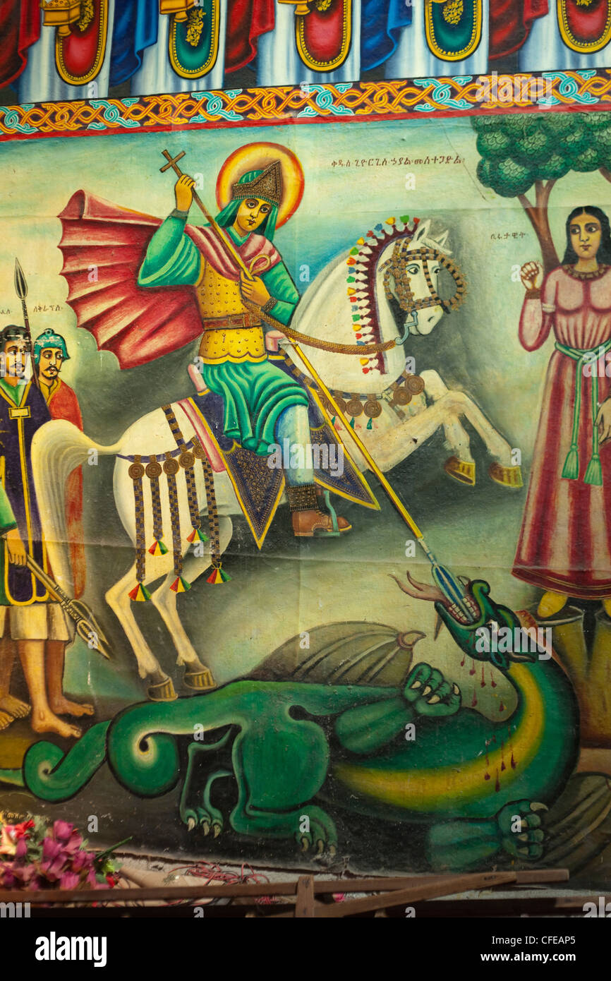 Debre Libanos. Monastero. Chiesa Ortodossa. Etiopia. Il murale raffigurante San Giorgio che uccide il drago. Foto Stock