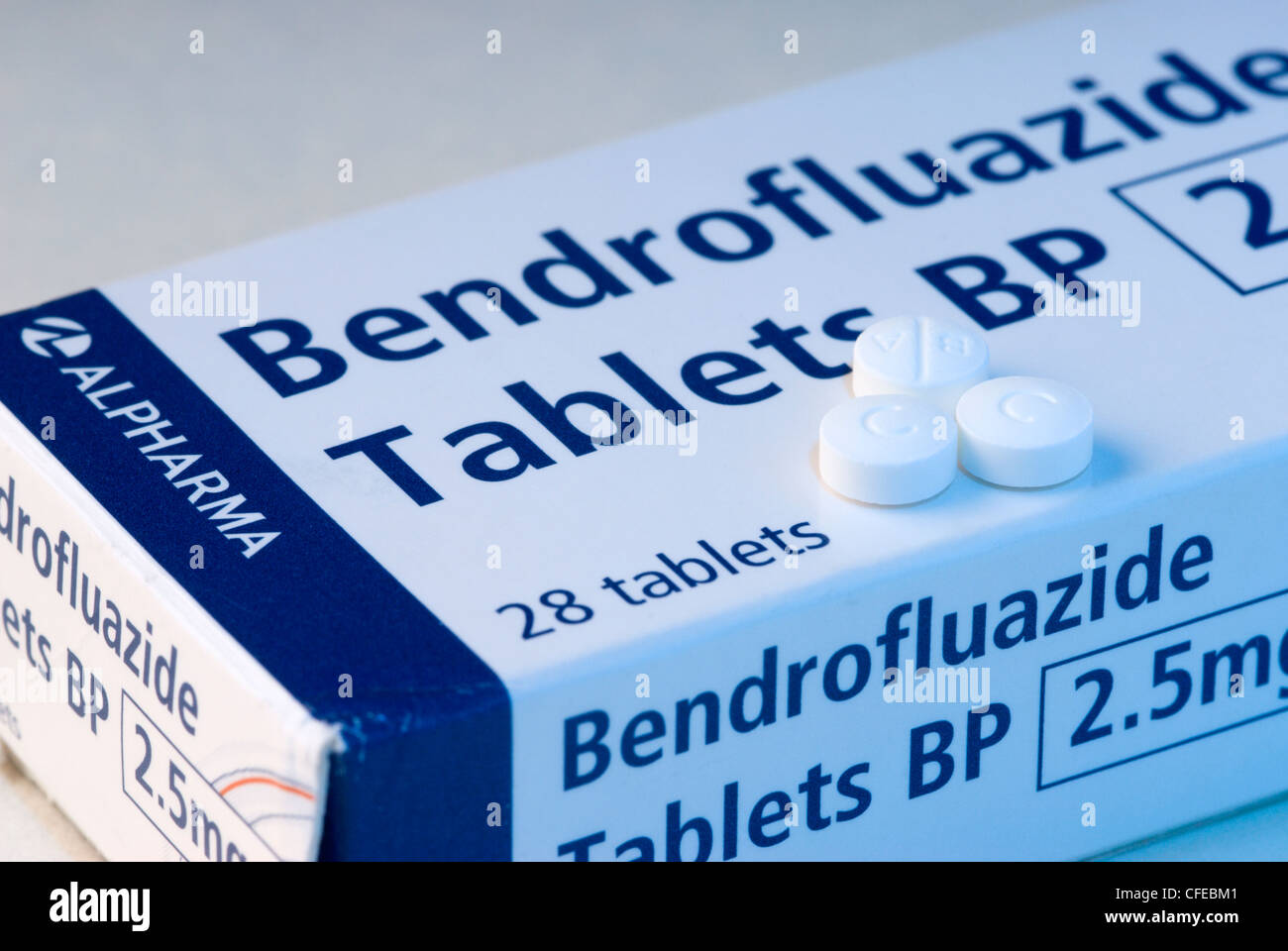 Un'immagine generica di compresse Bendrofluazide prescritto per trattare la ritenzione fluida, ridurre la pressione sanguigna alta o sopprimere la lattazione. Foto Stock