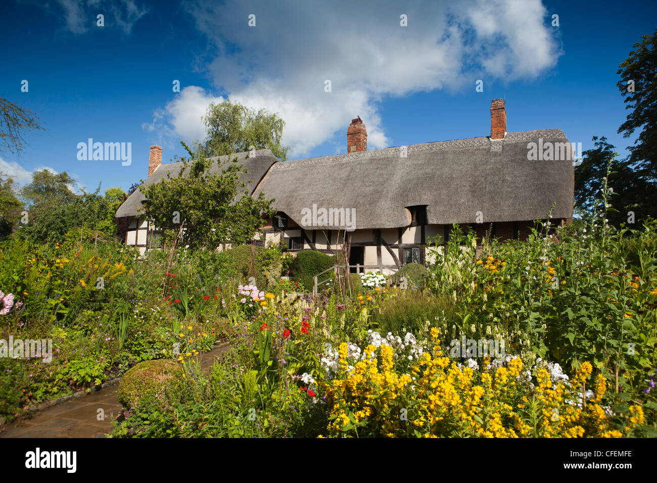 Warwickshire, Stratford on Avon, Shottery, Anne Hathaway's Cottage giardino floreale nella luce del sole Foto Stock