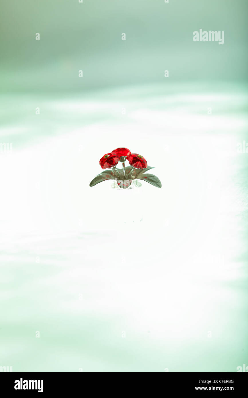 Il cristallo Swarovski ornamento con fiori di colore rosso e argento lascia sulla nuvola bianca come sfondo Foto Stock