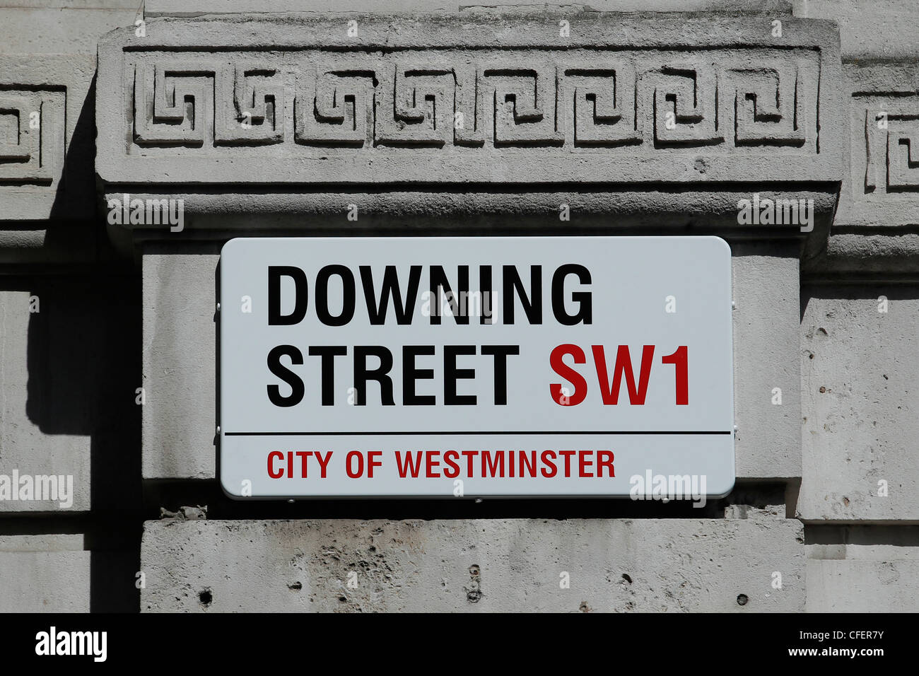 Cartello stradale di Downing Street in CAP SW1, City of Westminster, Londra Foto Stock