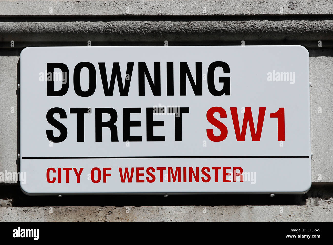 Cartello stradale di Downing Street in CAP SW1, City of Westminster, Londra Foto Stock