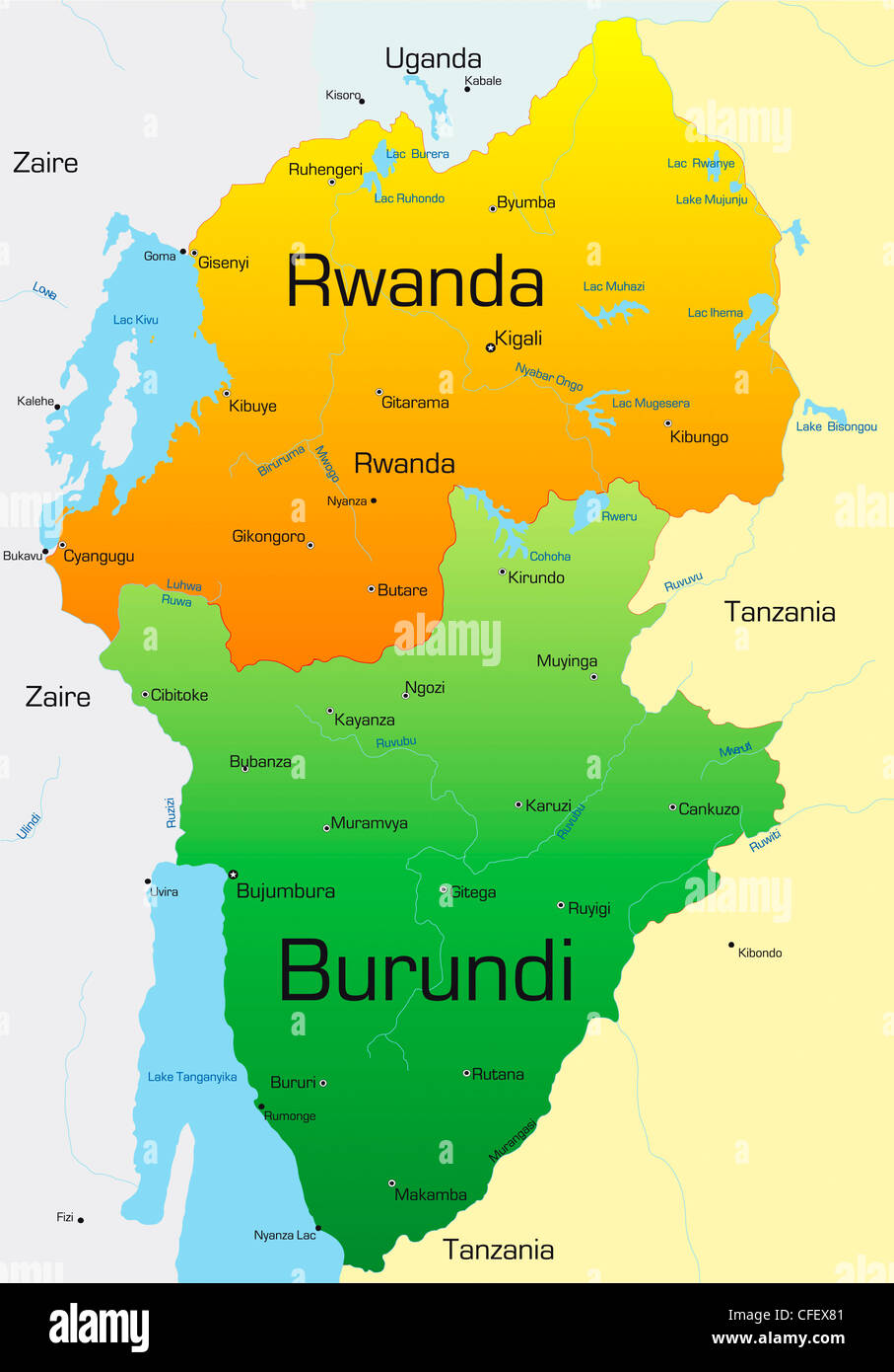 Vettore di astratta mappa a colori del Ruanda e del Burundi paese Foto Stock