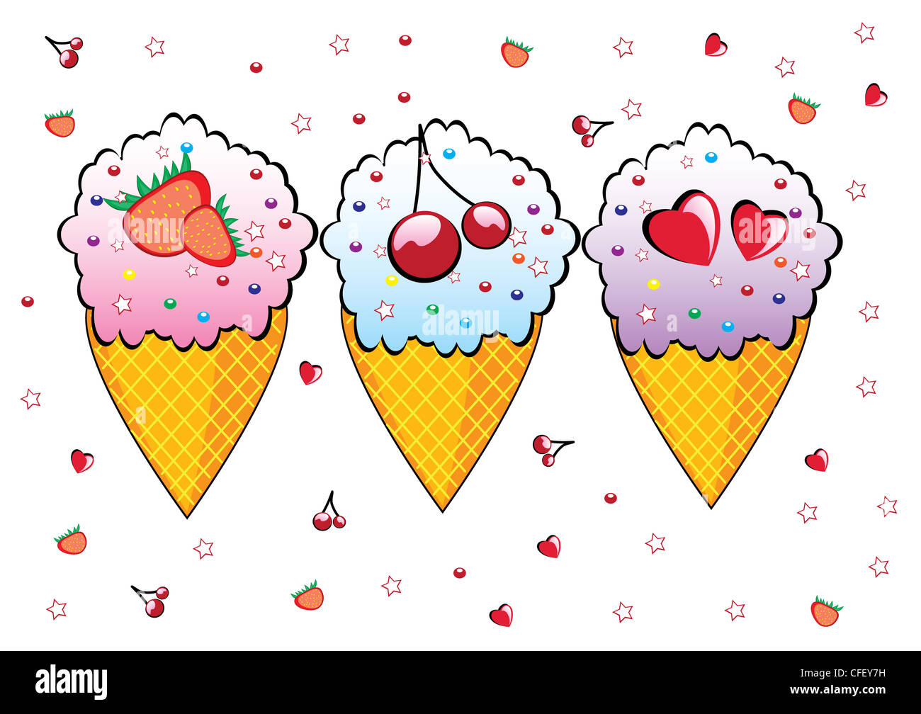 Tre coni di gelato. illustrazione per la progettazione Foto Stock