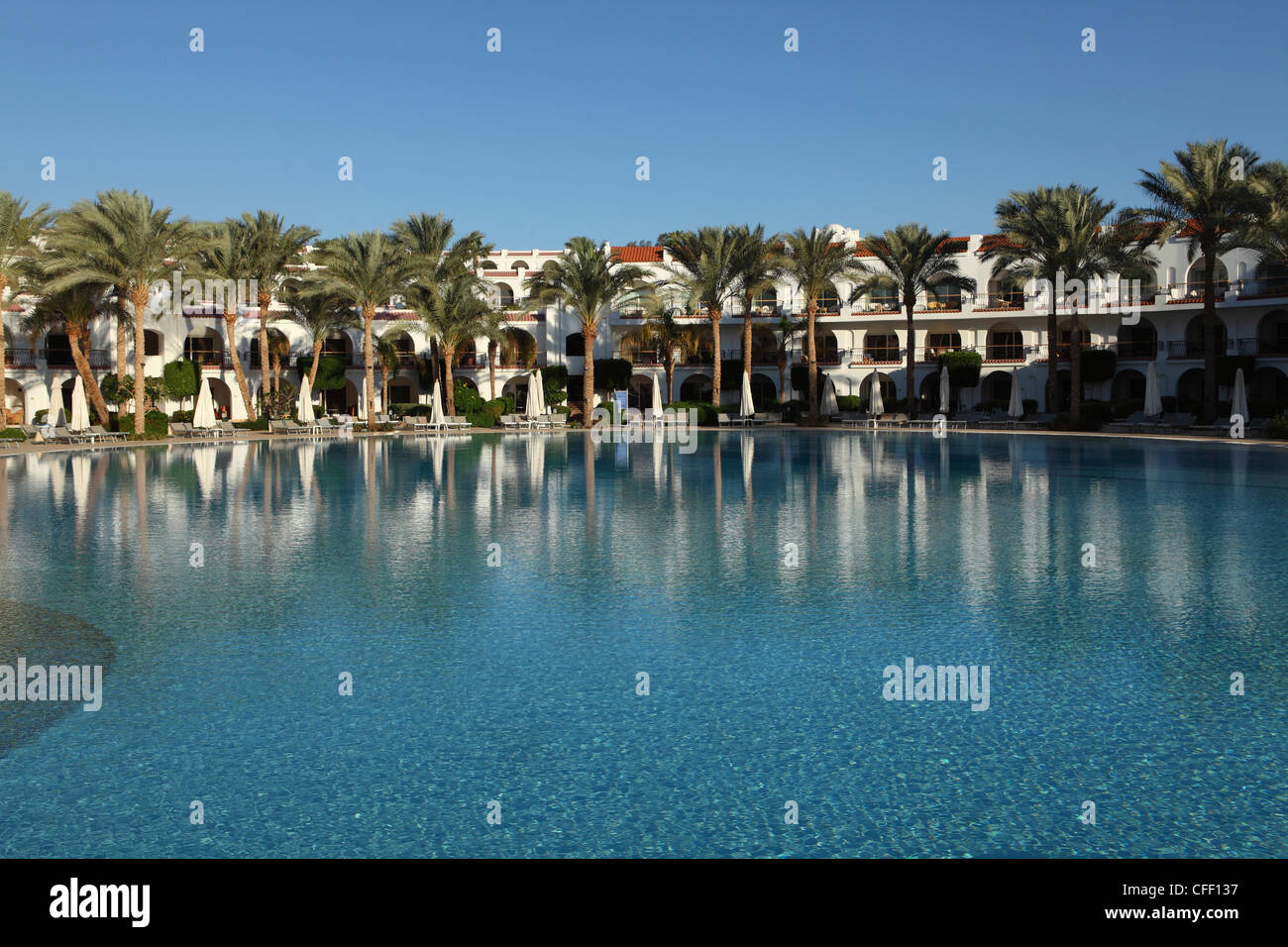 Camere con verande che si affacciano su un orlata di palme piscina all'interno del Royal Savoy Resort di Sharm el-Sheikh, Egitto, Nord Africa Foto Stock