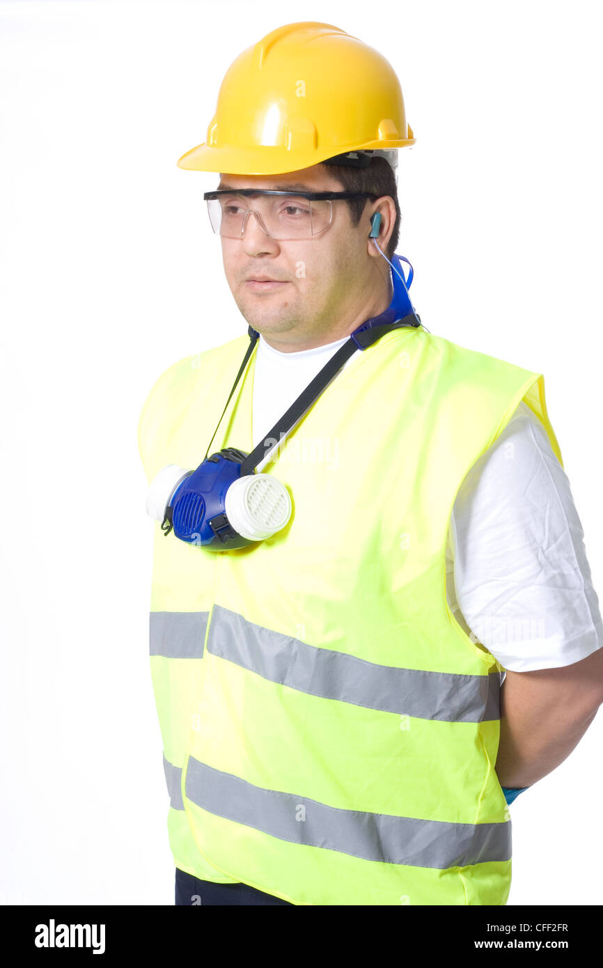 Il tecnico indossa uniformi di sicurezza su sfondo bianco Foto Stock