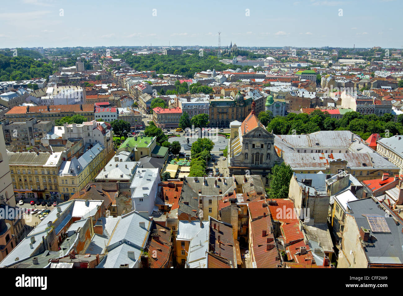 Lviv in estate, vista dal Municipio Foto Stock