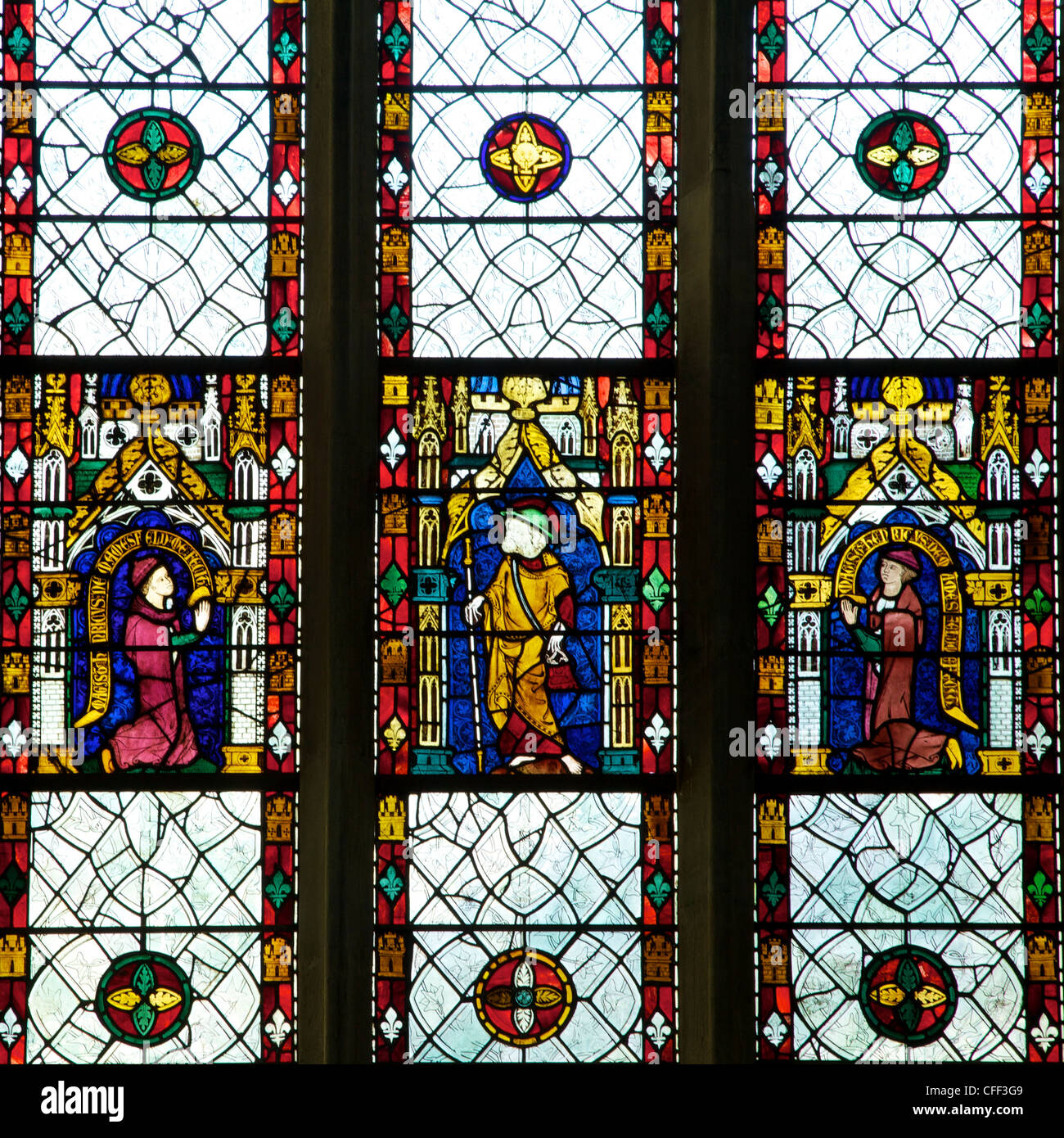 Close-up di finestre di vetro macchiate di saint, Merton College Chapel, Oxford University Oxford Oxfordshire, England, Regno Unito Foto Stock