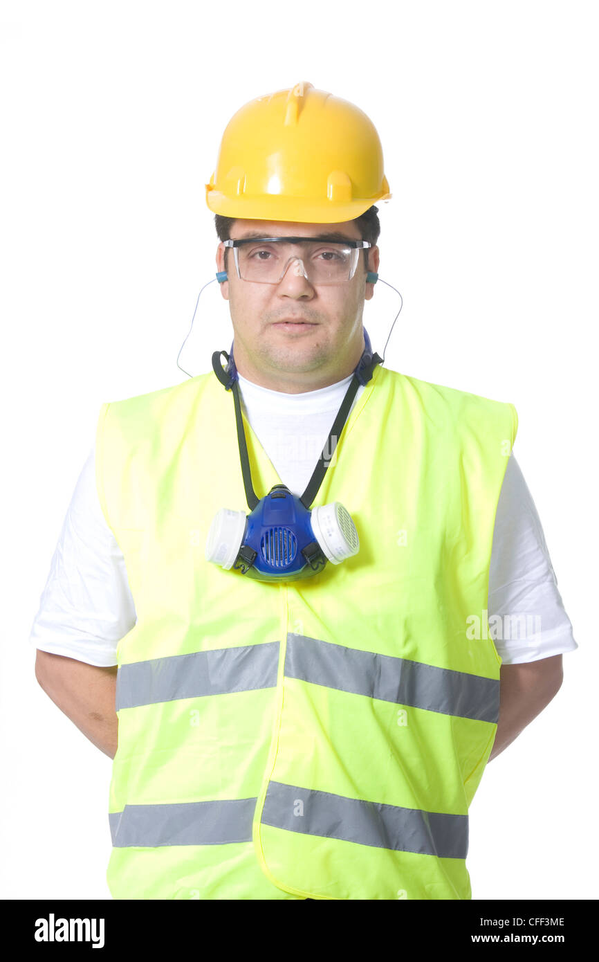 Il tecnico indossa uniformi di sicurezza su sfondo bianco Foto Stock