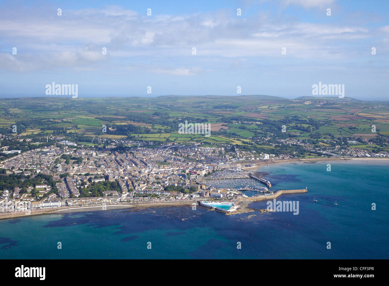 Foto aerea di Penzance Harbour, West Penwith, Cornwall, England, Regno Unito, Europa Foto Stock
