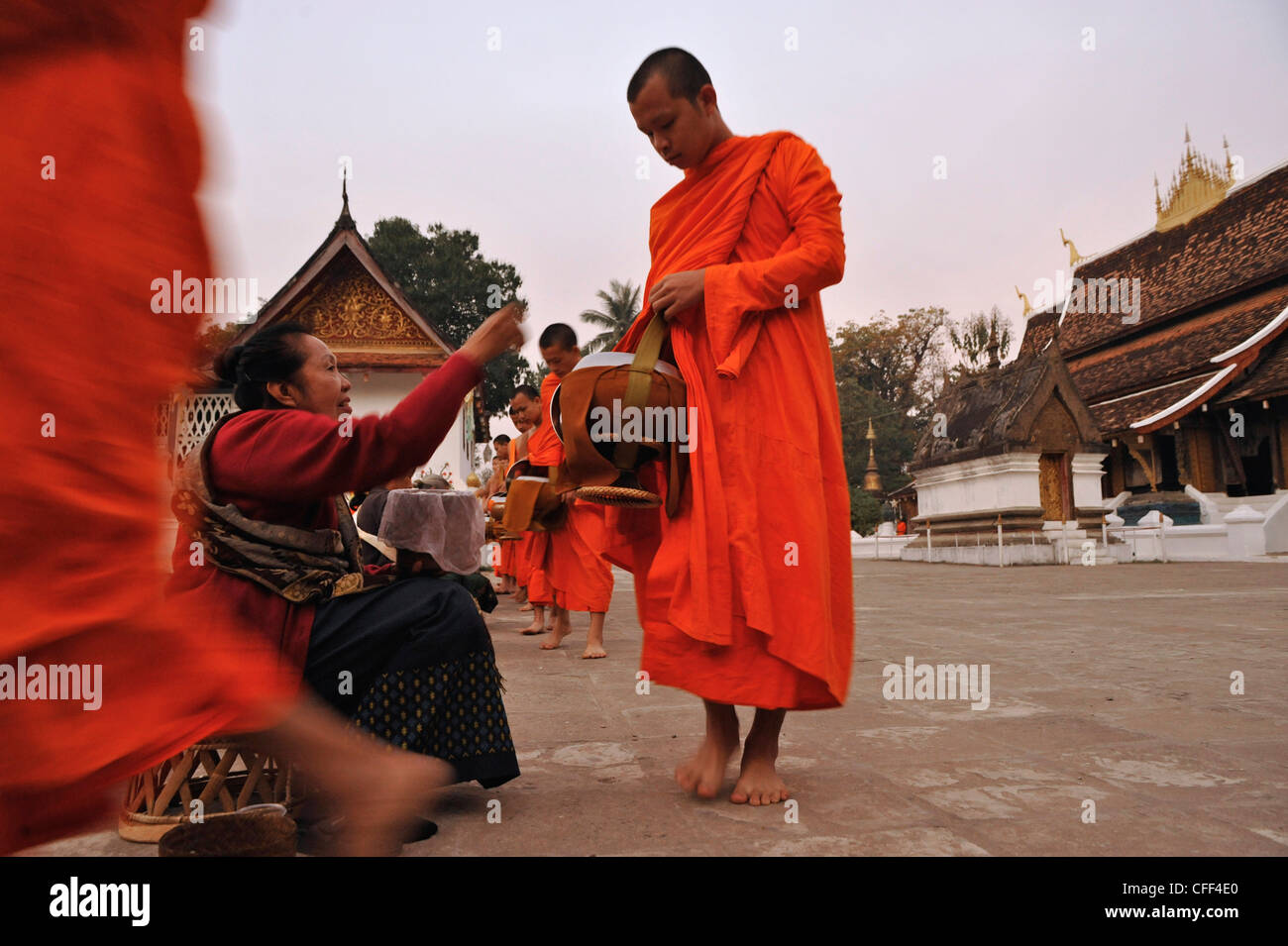 I monaci raccogliendo elemosine prima dell'alba, Luang Prabang, Laos Foto Stock
