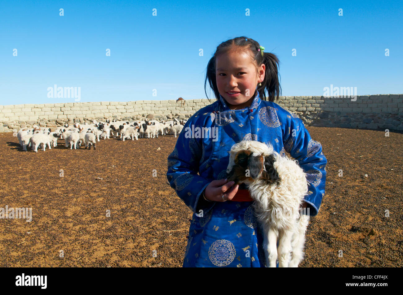 Giovane ragazza mongola in costume tradizionale (deel) con la sua pecora, Provincia di Khovd, Mongolia, Asia Centrale, Asia Foto Stock