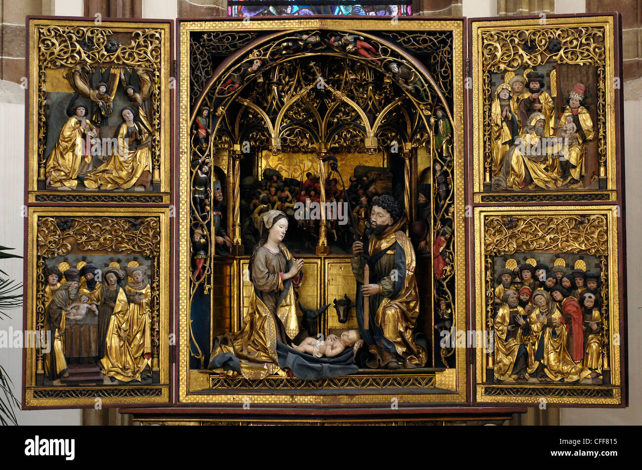 Altare con immagini di santi, Franziskaner chiesa, Bolzano, Alto Adige, Alto Adige, Italia Foto Stock