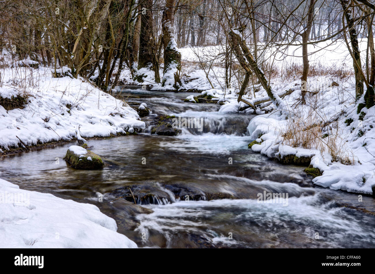Piccolo ruscello di montagna in inverno con ghiaccio floes e moss-coperta di pietre. Foto Stock