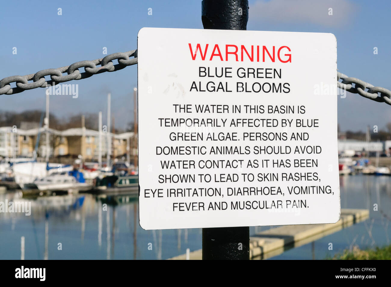Segno a Preston Marina attenzione del pubblico circa i pericoli di alghe blu-verde Foto Stock