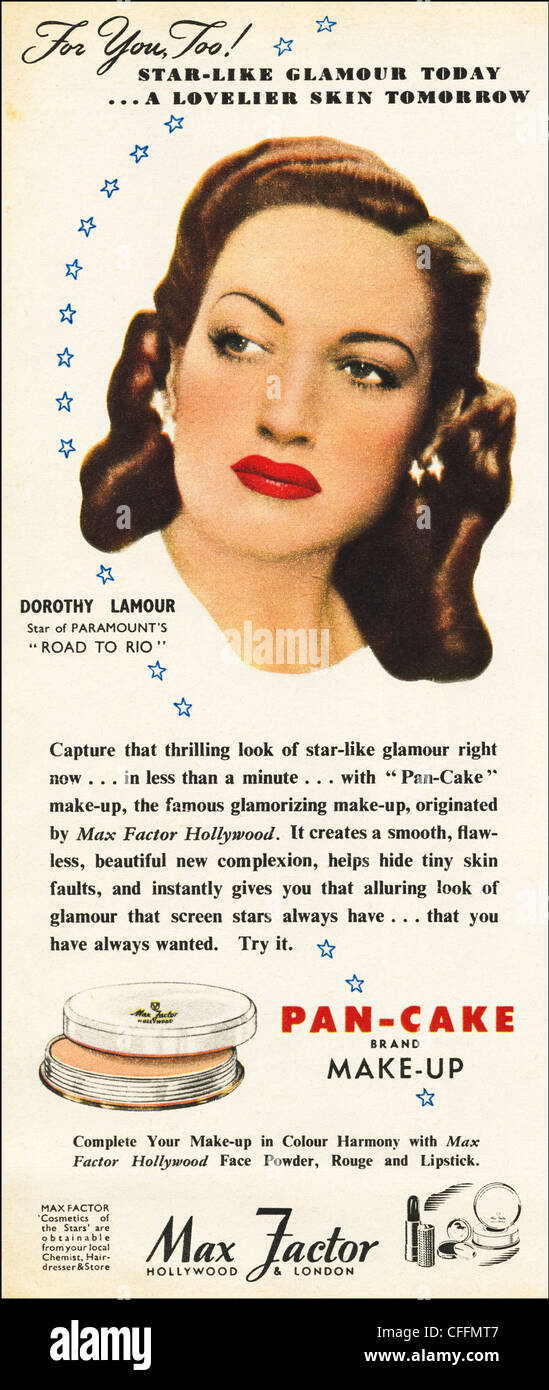 Annuncio originale negli anni Quaranta era pubblicità su riviste MAX FACTOR  cosmetici con film di star celebrity Dorothy Lamour Foto stock - Alamy